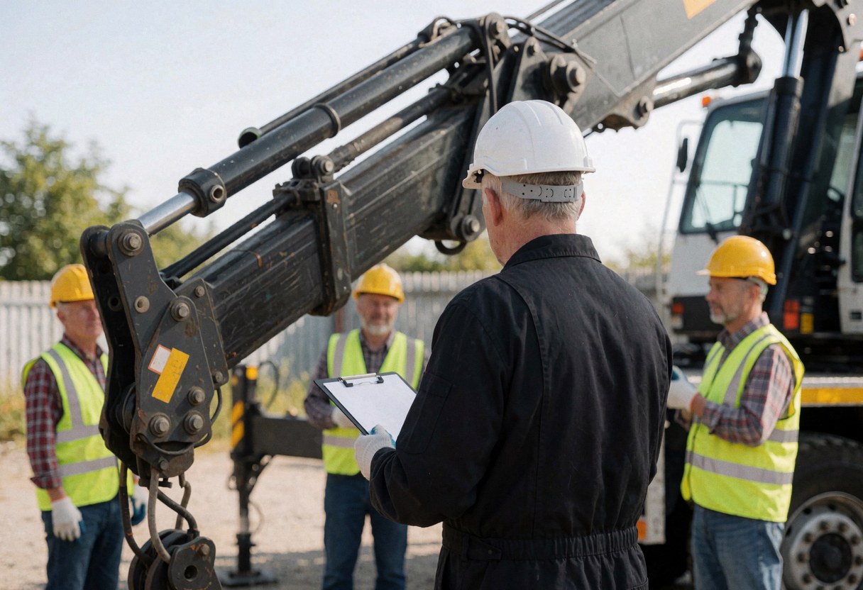 Un technicien en casque et gilet de sécurité examine une grue articulée dans une aire de maintenance tandis que d'autres travailleurs observent.