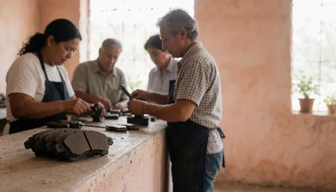 Atelier de réparation de motocyclettes équipé de freins à disque et d'outils disposés sur une table de travail, dans un espace aux murs enduits clairs éclairé par la lumière naturelle.