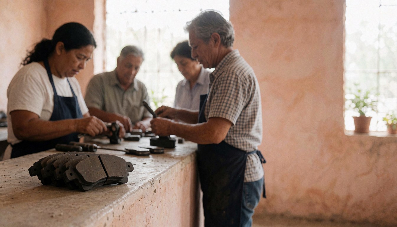Atelier de réparation de motocyclettes équipé de freins à disque et d'outils disposés sur une table de travail, dans un espace aux murs enduits clairs éclairé par la lumière naturelle.