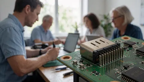 Circuit imprimé vert avec connecteur HDMI soudé dans un atelier de réparation de télévision avec des techniciens travaillant en arrière-plan.