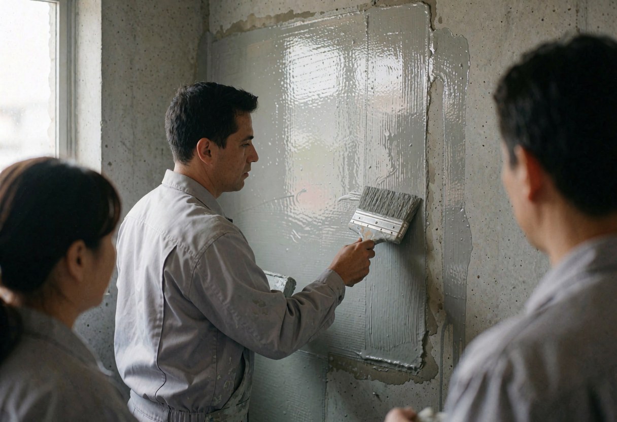 Un homme applique une membrane grise brillante sur un mur en béton avec un pinceau pendant que deux autres observent l'intervention sur le chantier.