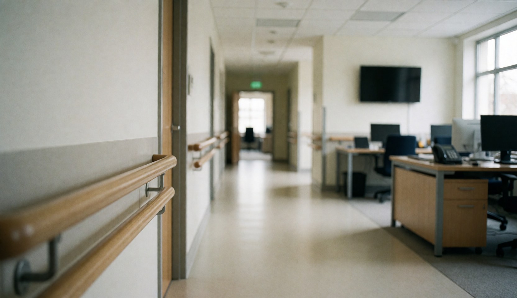 Couloir spacieux d'un établissement de soins pour personnes âgées, équipé de barres d'appui en bois, d'un éclairage doux et de bureaux en arrière-plan.
