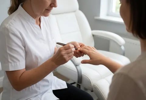 Une manucarière vêtue d'un uniforme blanc applique du vernis à ongles sur une cliente installée dans un fauteuil de massage blanc.