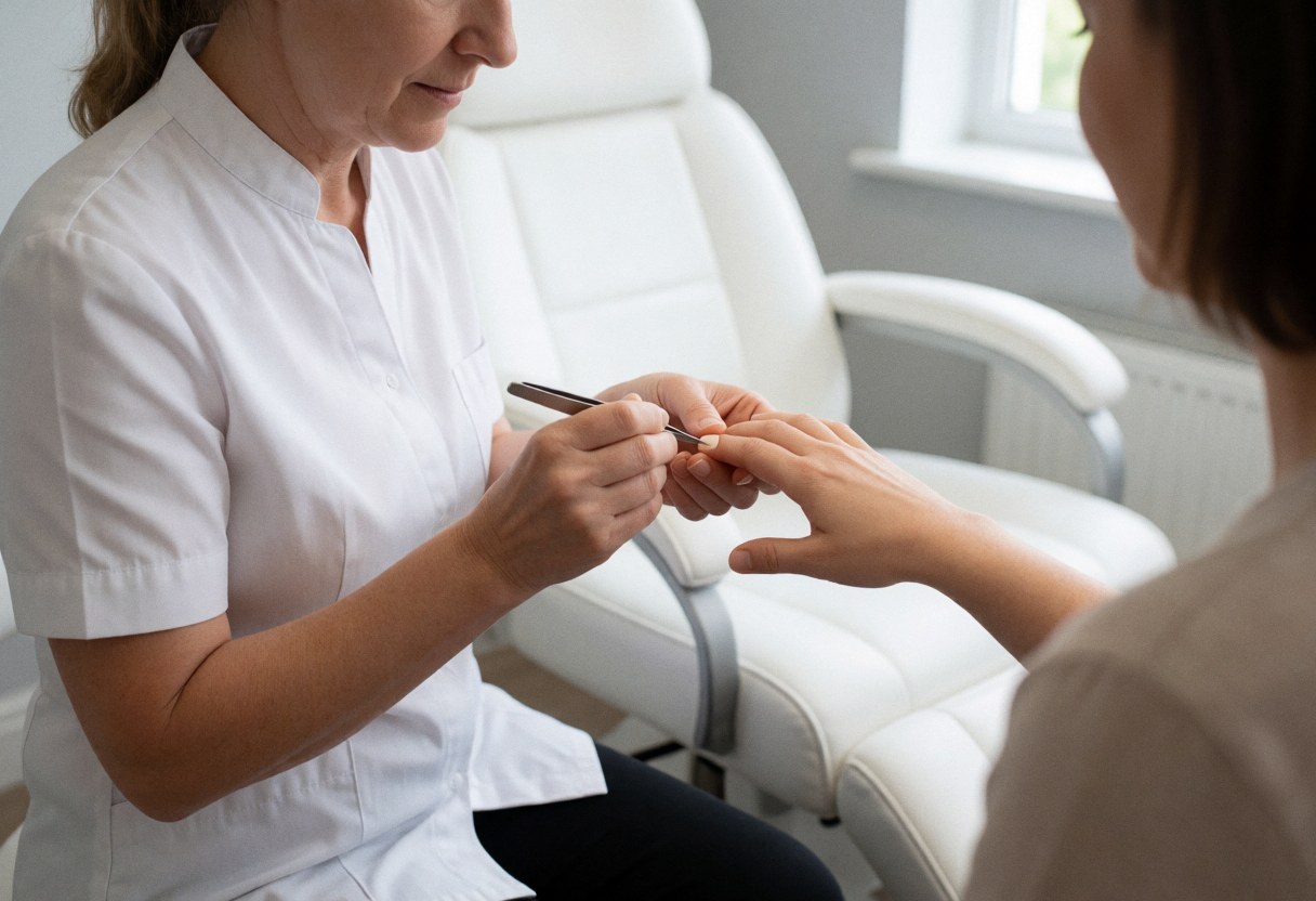 Une manucarière vêtue d'un uniforme blanc applique du vernis à ongles sur une cliente installée dans un fauteuil de massage blanc.