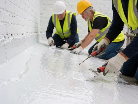 Des ouvriers en casques et gilets de sécurité appliquent une membrane blanche avec un rouleau sur un toit, près de murs en briques blanches.