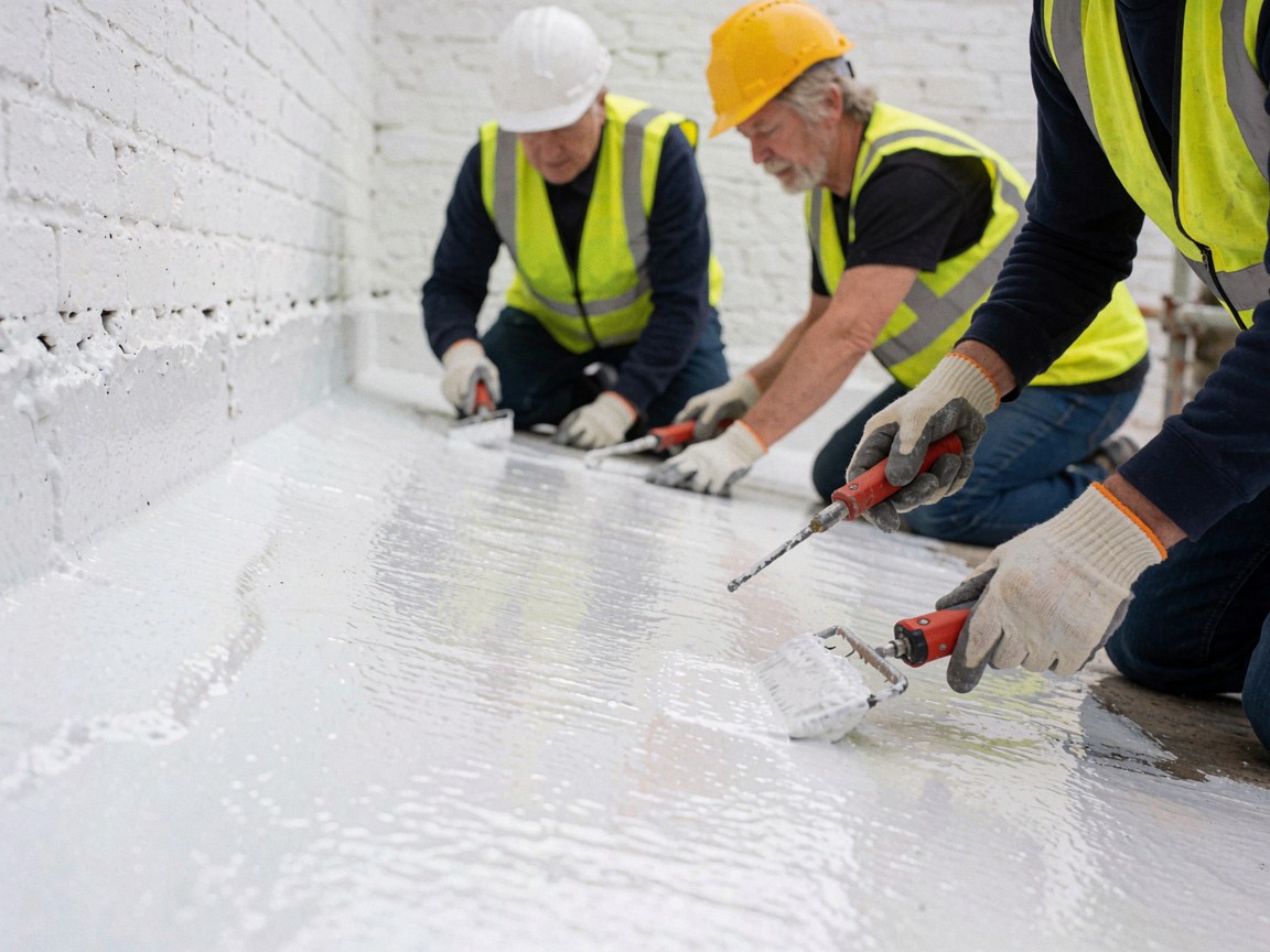 Des ouvriers en casques et gilets de sécurité appliquent une membrane blanche avec un rouleau sur un toit, près de murs en briques blanches.