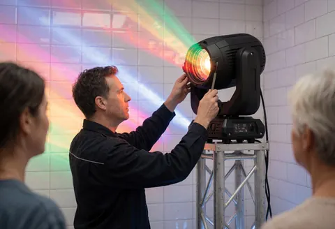 Un technicien ajuste un projecteur sur une structure métallique devant un mur de carreaux blancs, dans le cadre d'un service en action pour un événement.