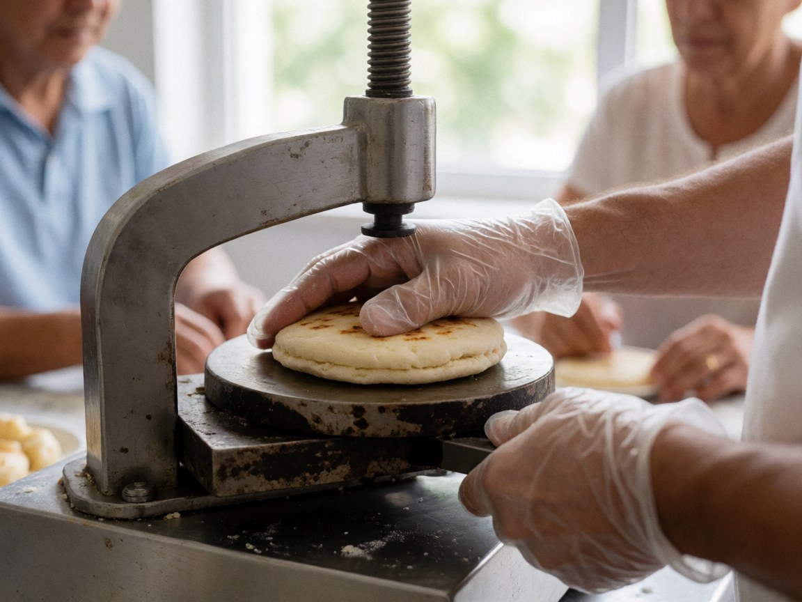 Une personne équipée de gants en plastique utilise une machine industrielle pour presser du pain en pâte, tandis que d'autres collaborateurs travaillent en arrière-plan dans une boulangerie professionnelle.