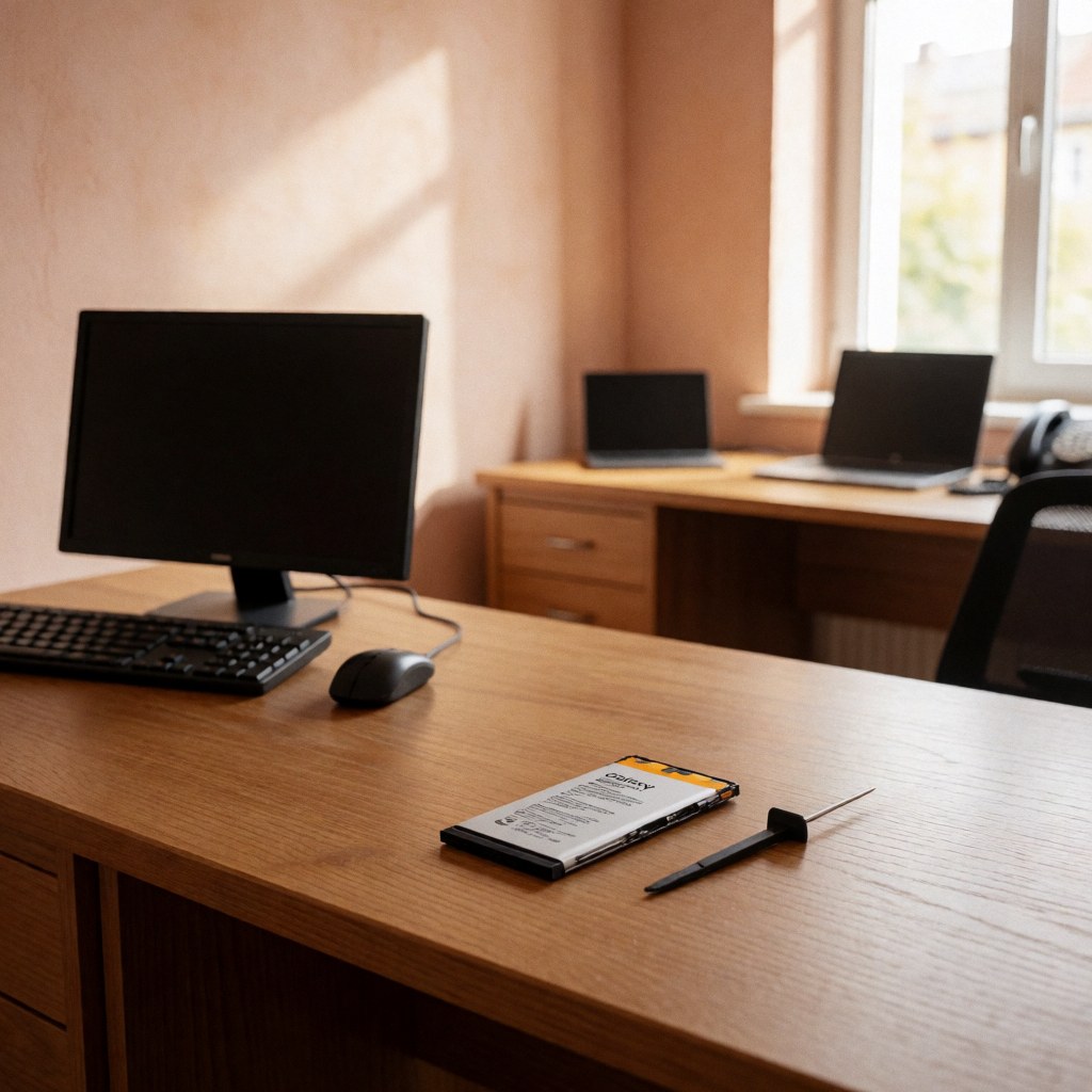 Batterie de smartphone et tournevis posés sur une table en bois clair avec murs blancs et lumière naturelle pour réparation.