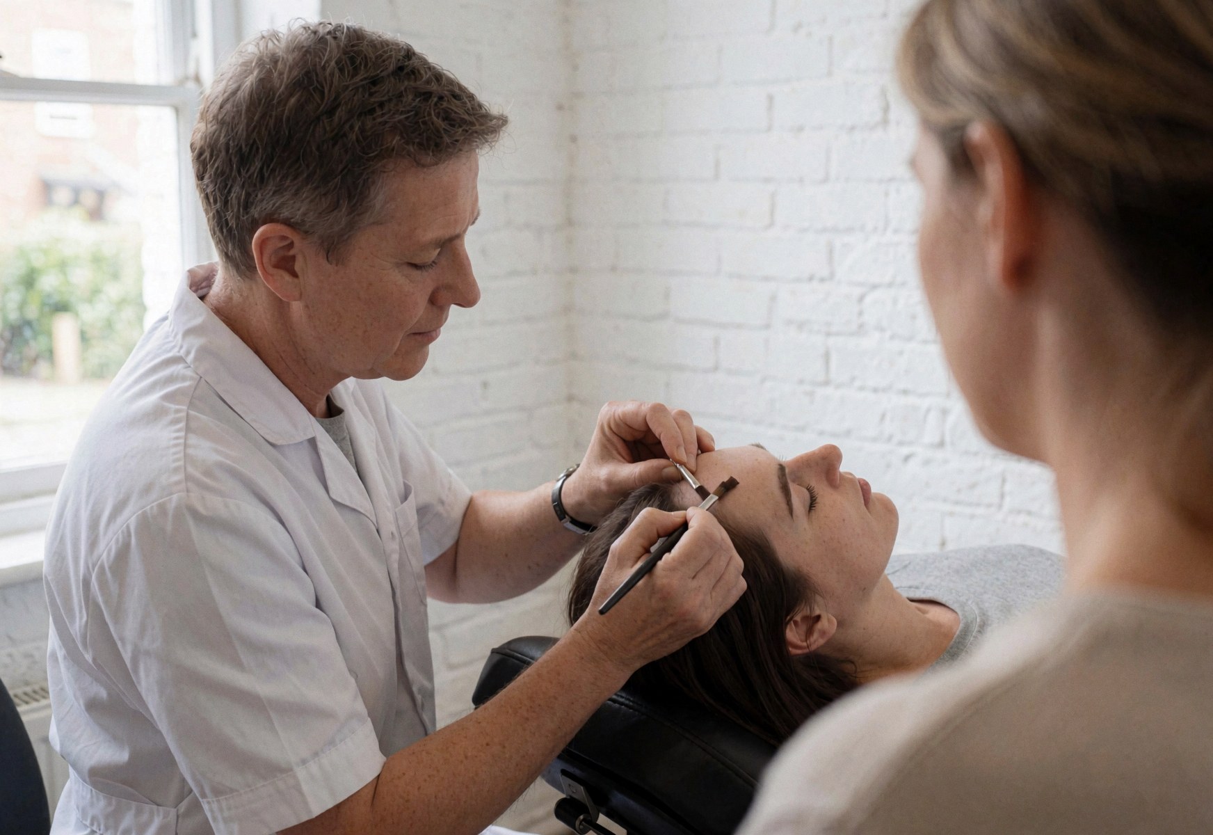 Une technicienne applique soigneusement de la teinture sur les sourcils d'une cliente aux yeux fermés dans un salon au mur blanc et à la lumière naturelle.