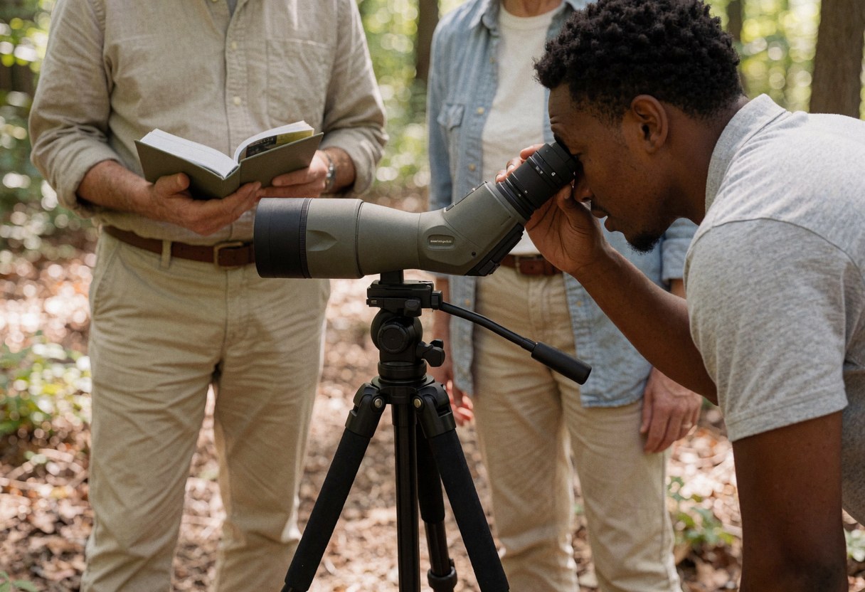 Un homme regarde à travers un télescope sur trépied en forêt, un autre consulte un carnet de terrain tandis qu'un troisième se tient à proximité sous la lumière tamisée.