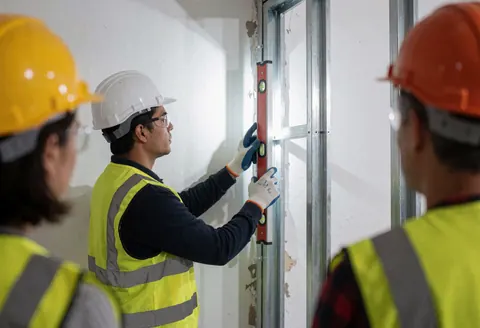 Un décorateur mesure un cadre métallique à l'aide d'un niveau tandis que trois travailleurs en casques et gilets de sécurité observent.