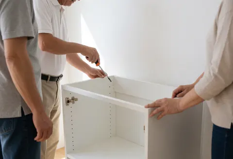 Deux personnes montent un meuble blanc contre un mur blanc ; l'une ajuste une vis tandis que l'autre maintient la structure, illustrant un service de montage en action.