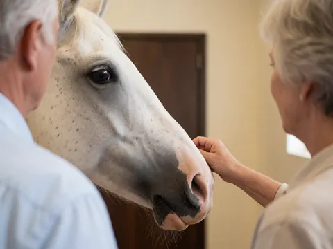 Tête de cheval blanc avec un œil sombre et le nez. Une main adulte touche doucement l'animal dans un intérieur beige avec une porte en bois foncé.
