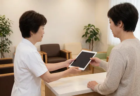 Un thérapeute en uniforme blanc présente des informations sur une tablette numérique à un client dans une réception moderne, lumineuse et ordonnée.