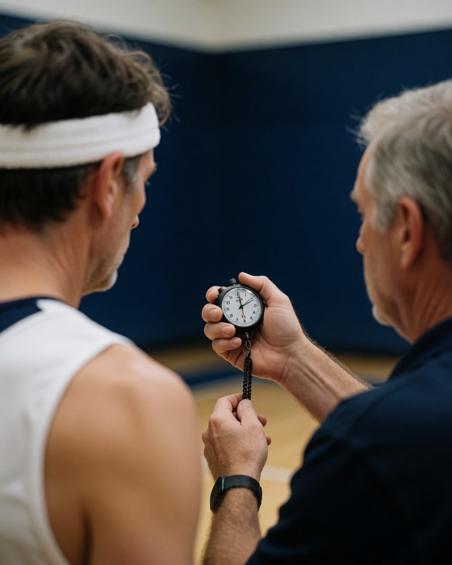 Un entraîneur de volleyball tient un chronomètre à la main tandis qu'un joueur avec un bandeau regarde vers lui sur un terrain intérieur.
