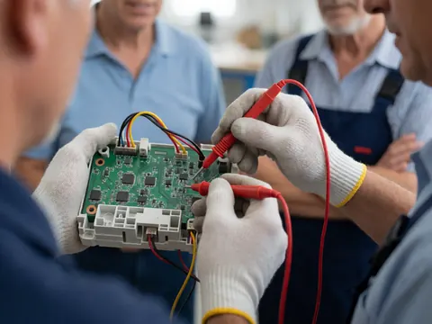Des techniciens en gants utilisent un multimètre pour vérifier la continuité d'une carte verte dans un atelier de réparation.