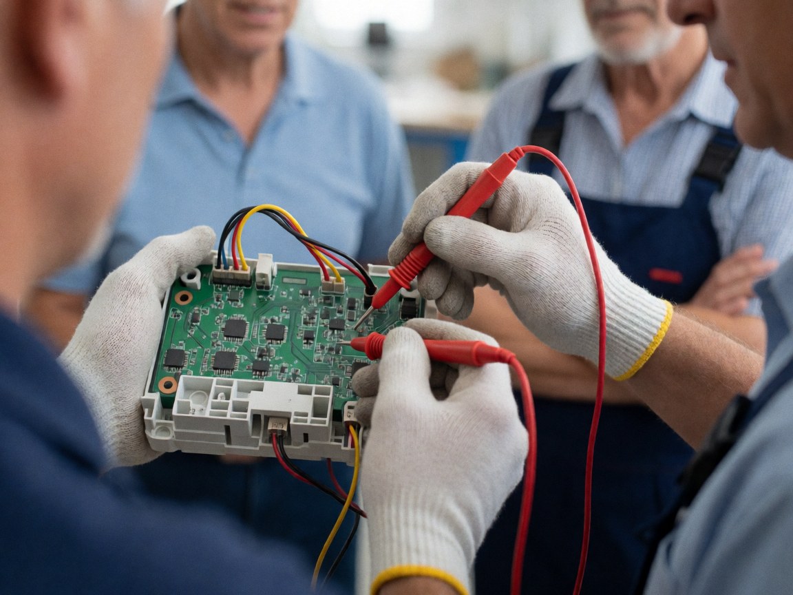 Des techniciens en gants utilisent un multimètre pour vérifier la continuité d'une carte verte dans un atelier de réparation.