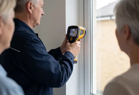 Un technicien en uniforme bleu utilise une caméra thermographique pour vérifier l'isolation d'une fenêtre pendant que des clients observent l'installation.