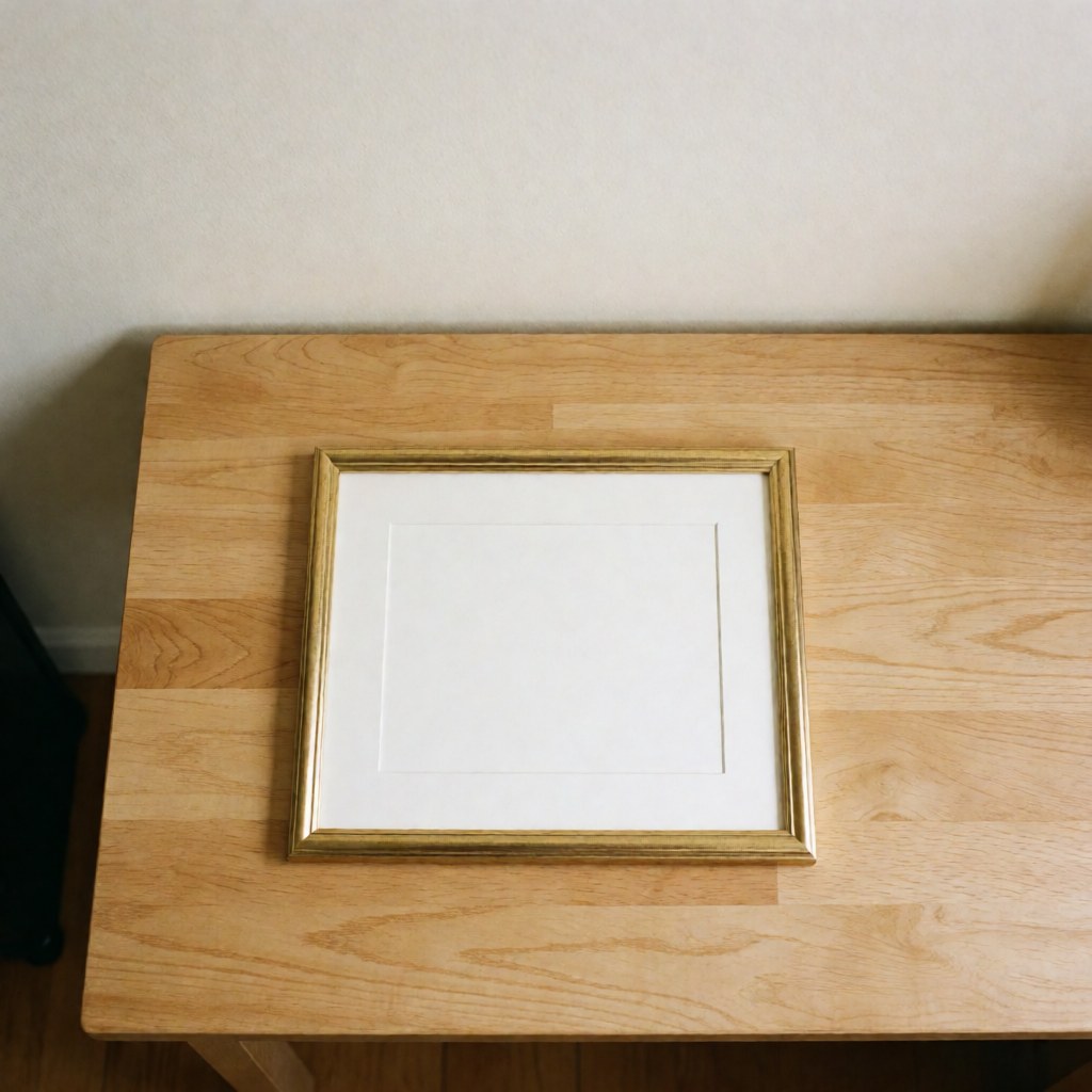 Cadre doré pour diplôme posé sur une table en bois clair, fond de mur blanc chaud, présentation propre et minimaliste pour photographe de cérémonies.