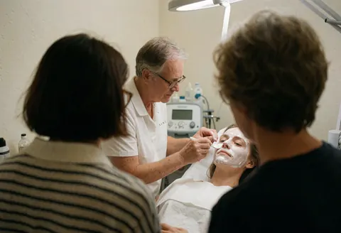 Un technicien applique une crème sur le visage d'une patiente dans une clinique aux murs blancs sous un éclairage chirurgical, illustrant un service de dermabrasion en cours.