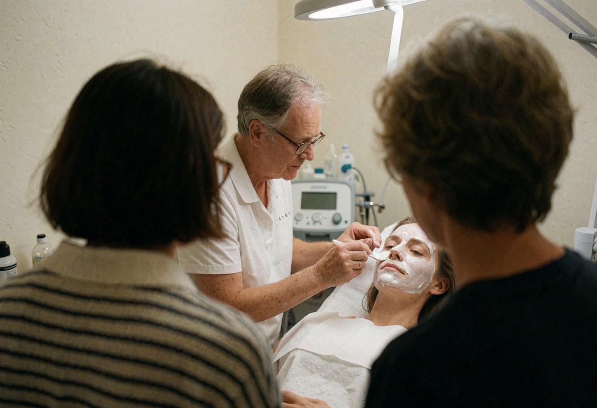 Un technicien applique une crème sur le visage d'une patiente dans une clinique aux murs blancs sous un éclairage chirurgical, illustrant un service de dermabrasion en cours.