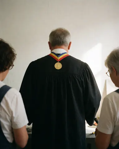Vue arrière d'un diplômé avec une médaille d'or et une toge noire devant un mur blanc sous un éclairage doux.