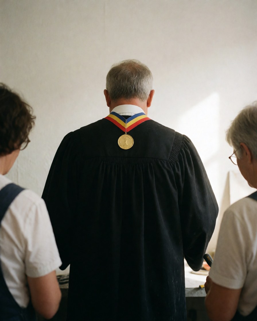 Vue arrière d'un diplômé avec une médaille d'or et une toge noire devant un mur blanc sous un éclairage doux.