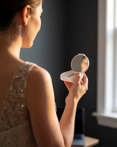 Une femme en robe de soirée vérifie son maquillage avec un compact près d'une fenêtre éclairée par la lumière naturelle dans un salon aux murs gris.