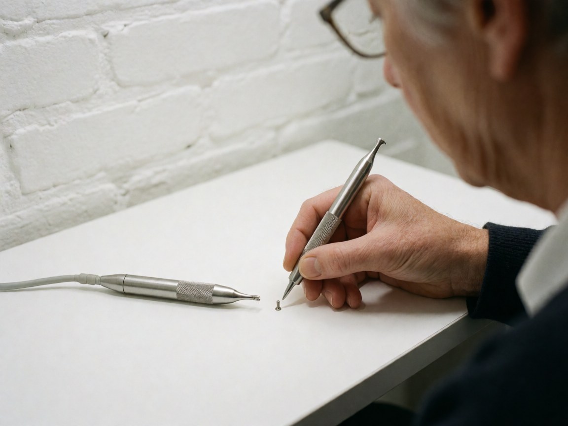 Une main tient fermement un instrument de tatouage métallique au-dessus d'une surface blanche, devant un mur de briques blanches dans un studio professionnel.