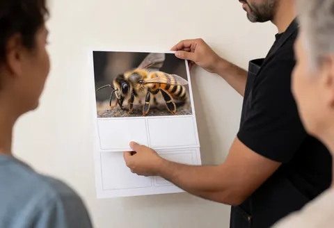Un photographe macro place une image d'abeille sur un mockup avec espace pour texte, devant un mur blanc. Trois personnes observent le travail.
