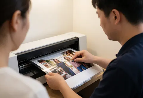 Un technicien ajuste avec soin une photo récemment imprimée dans un bureau moderne et propre, illustrant le service d'impression en action.