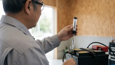 Un technicien examine l'état d'une batterie automobile à l'aide d'un hydromètre dans un atelier aux murs clairs et à la lumière naturelle.