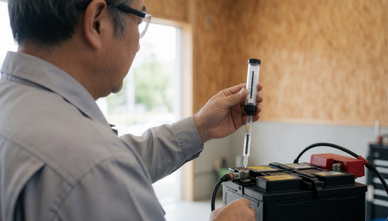 Un technicien examine l'état d'une batterie automobile à l'aide d'un hydromètre dans un atelier aux murs clairs et à la lumière naturelle.
