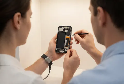 Deux techniciens réparent un smartphone démonté à l'aide d'outils de précision dans un atelier aux murs blancs.