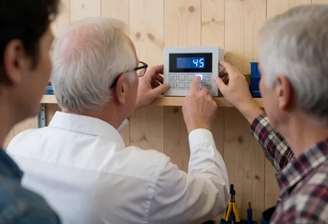 Trois techniciens examinent un écran numérique sur un mur en bois, avec des outils visibles sur une étagère dans un atelier de réparation d'appareils électroménagers.
