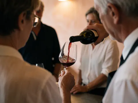 Une main verse du vin rouge dans un verre devant des clients dans un bar aux murs clairs et à l'éclairage chaleureux.