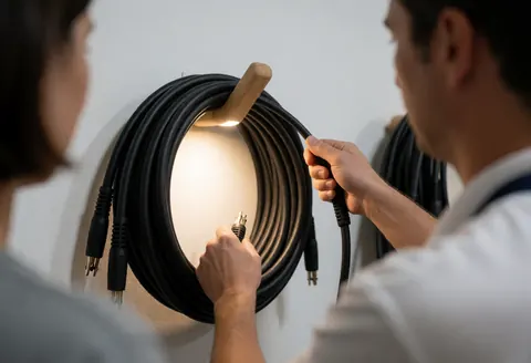 Une main enroule un câble audio professionnel noir sur une surface blanche éclairée par une lumière pratique pour la préparation d'un événement.