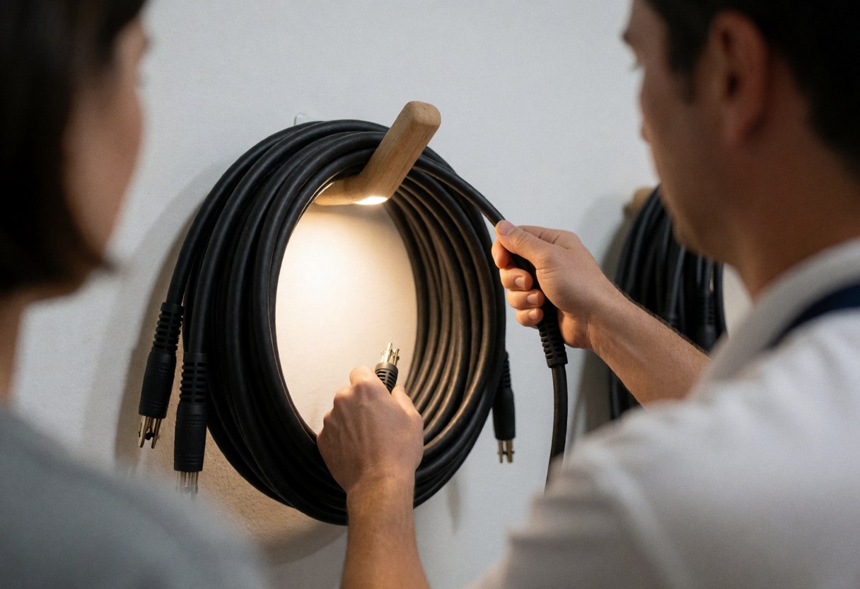 Une main enroule un câble audio professionnel noir sur une surface blanche éclairée par une lumière pratique pour la préparation d'un événement.