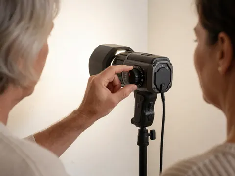 Une main ajuste le réglage de puissance d'un flash de studio pour un portrait professionnel sur fond blanc, dans un environnement de prise de vue.