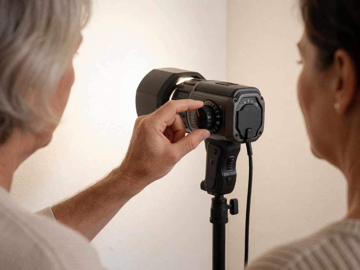 Une main ajuste le réglage de puissance d'un flash de studio pour un portrait professionnel sur fond blanc, dans un environnement de prise de vue.