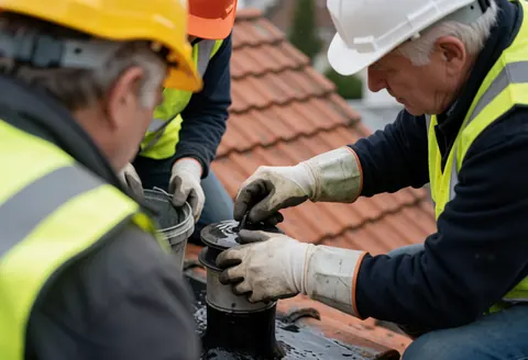 Un technicien en tenue de sécurité examine le joint d'un tuyau de ventilation sur un toit en tuiles terracotta pendant un test d'eau.