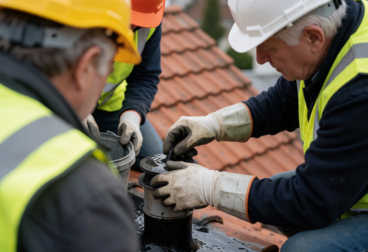 Un technicien en tenue de sécurité examine le joint d'un tuyau de ventilation sur un toit en tuiles terracotta pendant un test d'eau.