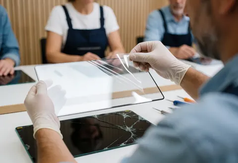 Un technicien portant des gants retire le film protecteur d'un écran plat posé sur une table, avec un écran cassé visible en dessous dans un atelier de réparation.