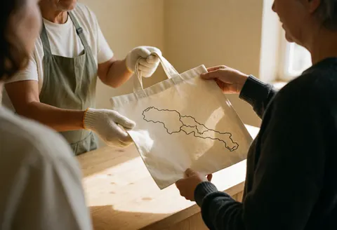 Des gants tiennent un sac en tissu contenant une carte de sentiers sur une table en bois devant un mur beige, éclairé par la lumière naturelle.