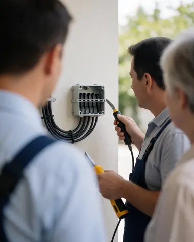 Un technicien installe une antenne sur un mur pendant qu'un client observe la scène de travail.