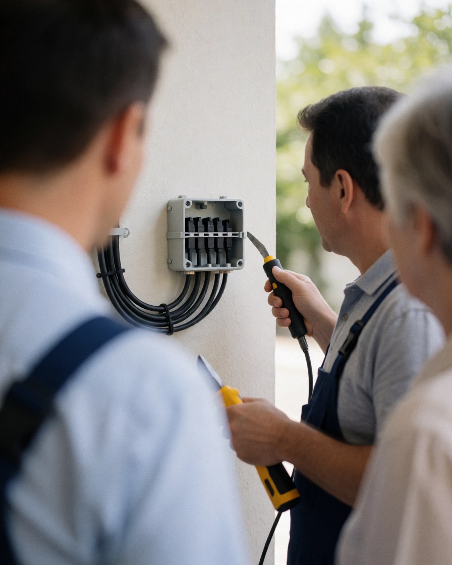 Un technicien installe une antenne sur un mur pendant qu'un client observe la scène de travail.