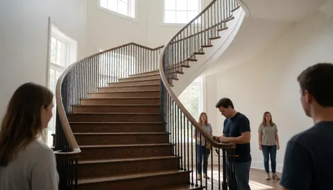 Un professionnel installe une rambarde métallique noire sur un escalier en bois foncé dans un espace commercial vide aux murs blancs et grandes fenêtres.