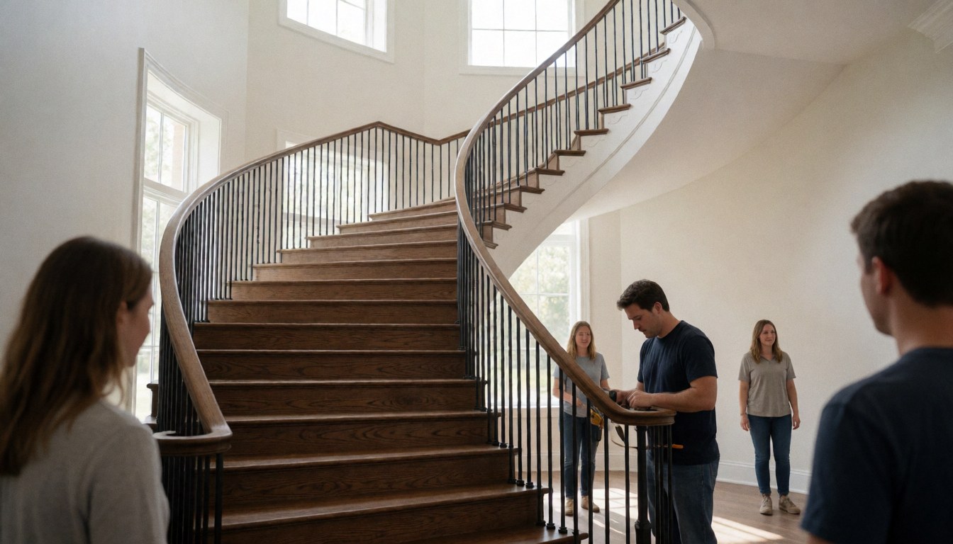 Un professionnel installe une rambarde métallique noire sur un escalier en bois foncé dans un espace commercial vide aux murs blancs et grandes fenêtres.