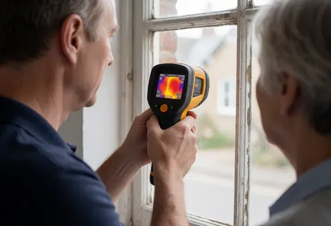 Un technicien examine une vieille fenêtre à l'aide d'une caméra thermique pour détecter les déperditions de chaleur pendant qu'un client observe le service d'isolation.